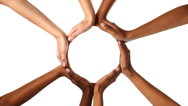 conceptual symbol of multiracial human hands makin isolated on white background, png, ai generated.