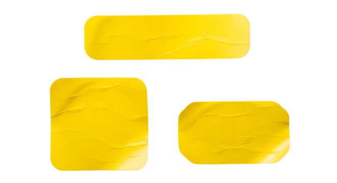 Set of three yellow wrinkled, creased paper stickers for mockup. Isolated on transparent background, png