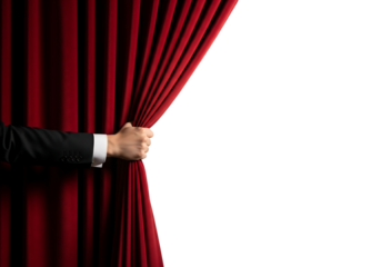 A man's hand in a formal suit opening a red velvet stage curtain. Isolated on transparent background, png