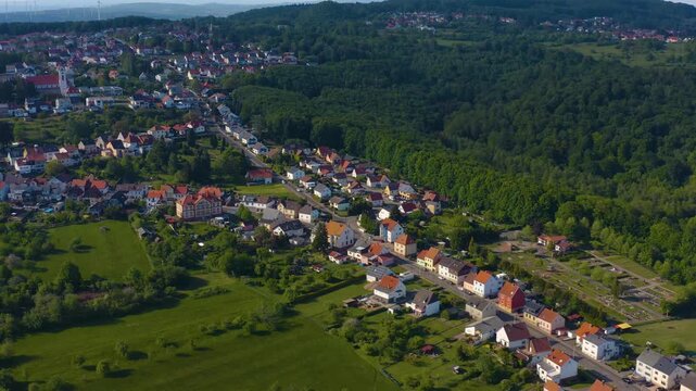 Aerial view around the city Bexbach in Germany on a sunny spring day.