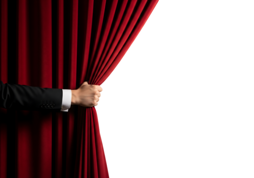 A man's hand in a formal suit opening a red velvet stage curtain. Isolated on transparent background, png