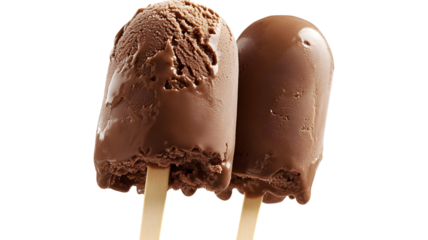 Two ice cream sticks with chocolate ice cream on them. The sticks are positioned next to each other, creating a visually appealing and appetizing display