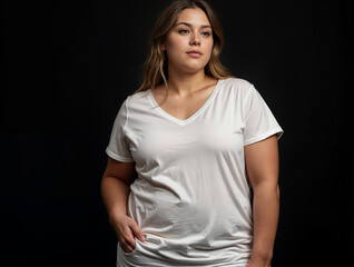 A blonde person in plain white t-shirt stands against dark background, casually holding hem of shirt. Great for minimalist fashion campaigns and product modeling