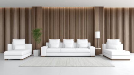 Modern living room with white furniture and wooden wall panels.
