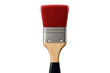 Red paintbrush featuring wooden handle, metal ferrule, resting against clean transparent backdrop, prepared for artistic endeavors