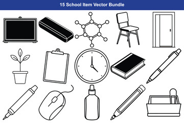 Collection of school and office supplies in black and white sketch style