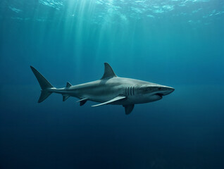 Fototapeta premium Streamlined shark glides effortlessly through clear blue waters with sunlight creating a beautiful gradient effect. Perfect for aquatic photography and marine conservation awareness