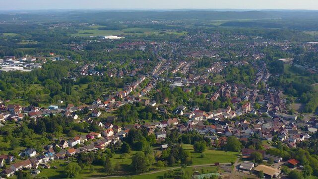 Aerial view around the city Bexbach in Germany on a sunny spring day.