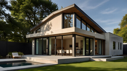 Fototapeta premium Contemporary Modern House with Pool, Large Windows, and Sloped Roof