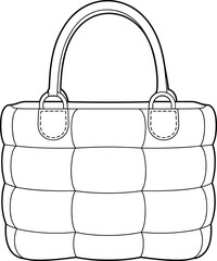  Puffer Tote Bag Fashion Flat Sketch Template, Quilted Handbag Accessory Design, Modern Casual Style Illustration, Technical Drawing Vector, Everyday Shopping Bag. © Hasan Creatives