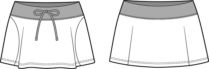 Women's Skort Fashion Flat Sketch Template, Elastic Waistband with Drawstring, Activewear Apparel Design, Technical Drawing Illustration, Sporty Casual Style Vector. © Hasan Creatives