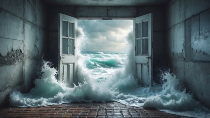 Ocean waves crashing through an open doorway into a dimly lit room