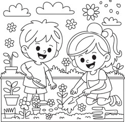 Children gardening happy cartoon illustration vector