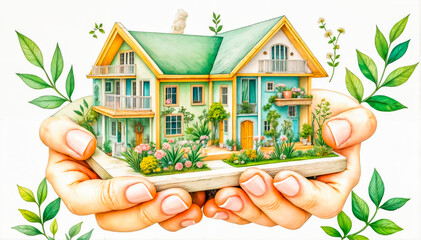 Eco-friendly modern house in female hands, concept of ecology and environmental protection