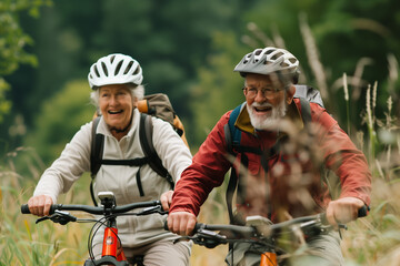 Fototapeta premium Senior couple riding bicycles through green landscape