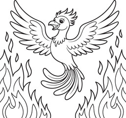 Happy cartoon phoenix bird with wings spread flying above flames fire
