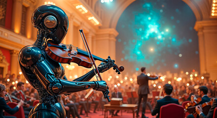 On stage, a futuristic robot plays the violin and performs a solo part in front of a symphony orchestra with a conductor in a richly decorated chamber hall