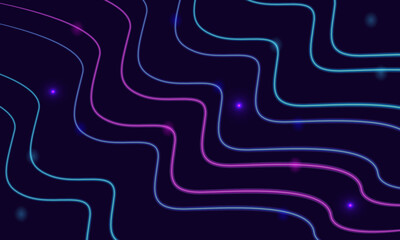 Abstract neon glowing wavy lines background. Futuristic curved light trails in purple and blue on dark backdrop. Perfect for technology, nightlife, music visuals, club flyers, or sci-fi digital design