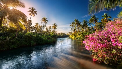 Obraz premium tropical river scene with pink flowers blooming among palm trees and lush greenery