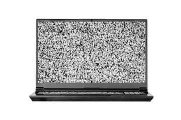 Modern black laptop isolated on white background with No signal retro vintage television pattern. Interfering signal in analog television