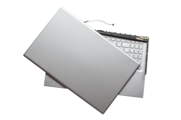Laptop maintenance service concept. Laptop split case isolated on white background. Separate display and body of modern silver laptop.
