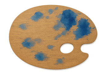 Classic wooden artist's palette stained with blue paint, isolated on a transparent background, ready for creative projects