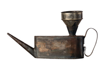 Old vintage rusty oil can isolated on white background
