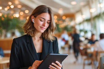 Professional woman in dark blazer working on tablet in modern cafe atmosphere
