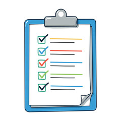 Colorful checklist on blue clipboard with multiple checkmarks. Vector illustration