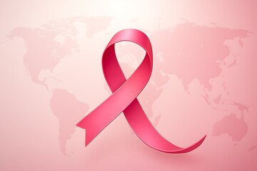 Pink Ribbon on World Map Global Breast Cancer Awareness Illustration