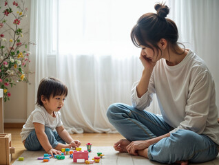A woman and child engage in joyful play with assorted colorful toys on the floor of a well-lit room with curtains and plants. Ideal for early childhood education content.