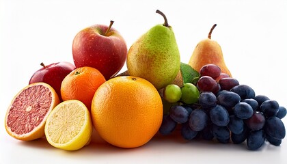 still life with fresh ripe fruits like apples oranges grapes and pears isolated on white for a healthy diet