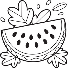 Slice of watermelon with leaves and seeds fruit food