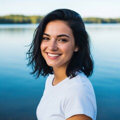 a pretty smiling young woman wearing a blank white  t-shirt at a lake, vacation, water, amp, camping, vacation, outdoor, nature, model, casual, lifestyle, camping, vacation, summer, serene, peaceful