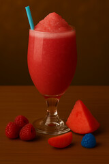 A glass of a raspberry slushy