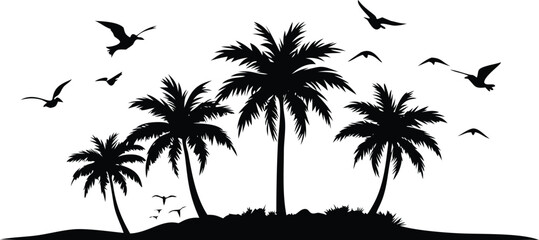 Tropical Beach Silhouette Vector – Palm Trees and Flying Birds Scene