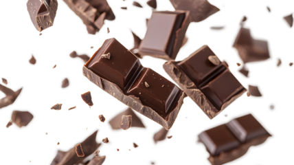 A close-up of chocolate bars with the pieces flying in the air. Scene is playful and fun, as if the chocolate is being tossed around like confetti