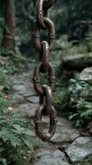 Large rusty chain hanging in a forest area with lush greenery and stone pathway