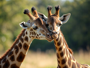 Two majestic giraffes stand with heads nearly touching in lush green landscape. Perfect for wildlife documentaries
