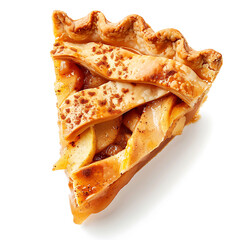 A slice of apple pie with a golden lattice crust, showcasing a warm, inviting appearance.
