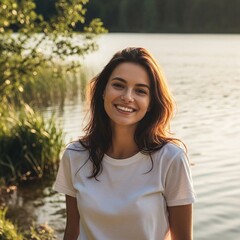 a pretty smiling young woman wearing a blank white  t-shirt at a lake, vacation, water, amp, camping, vacation, outdoor, nature, model, casual, lifestyle, camping, vacation, summer, serene, peaceful