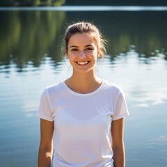 a pretty smiling young woman wearing a blank white  t-shirt at a lake, vacation, water, amp, camping, vacation, outdoor, nature, model, casual, lifestyle, camping, vacation, summer, serene, peaceful