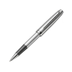 Elegant silver rollerball pen with black grip on a black background