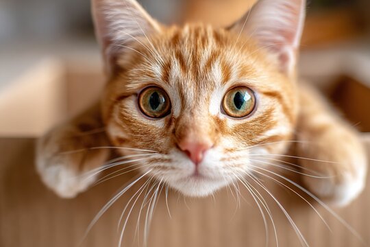 Cute orange cat peeking out of a cardboard box indoors during daytime