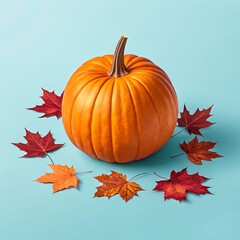 Naklejka premium Bright orange pumpkin centerpiece surrounded by vibrant red and orange autumn maple leaves on a light blue background