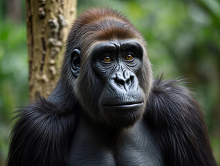 Striking close-up of a powerful gorilla standing by a tree trunk, its detailed fur and expressive facial features highlighted against blurred green foliage. Ideal for primate studies