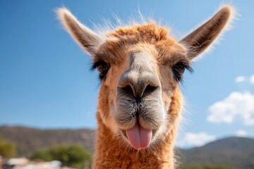 Obraz premium Llama playfully sticking its tongue out while posing for a close-up shot