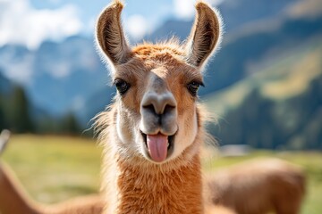Llama playfully sticks its tongue out while enjoying a sunny day in the mountains
