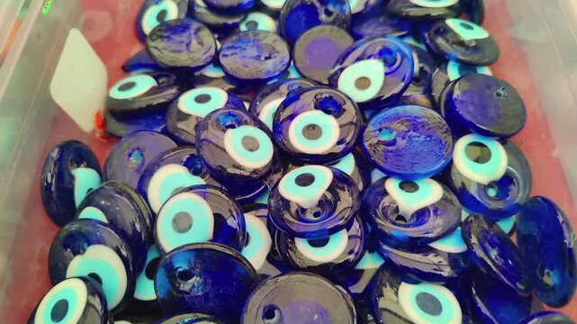 Many Dark Blue Evil Eye Beads Footage.