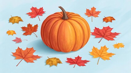 Vibrant orange pumpkin surrounded by a circle of colorful falling autumn maple leaves